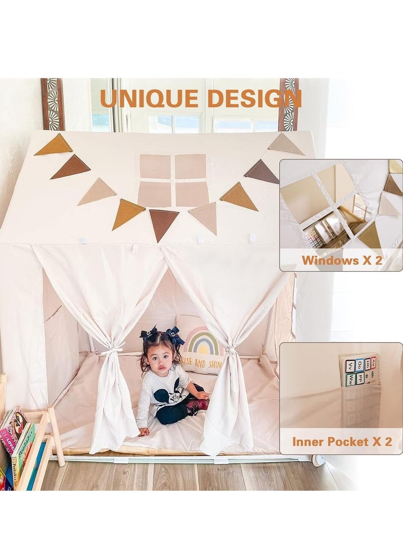 XICEN Kids Play Tent with Mat, Star Light and Flags Banners, Large Playhouse with Windows and Roll Up Doors, Suitable for Kids' Bedroom, Living Room, Outdoor and Indoor - Image 3