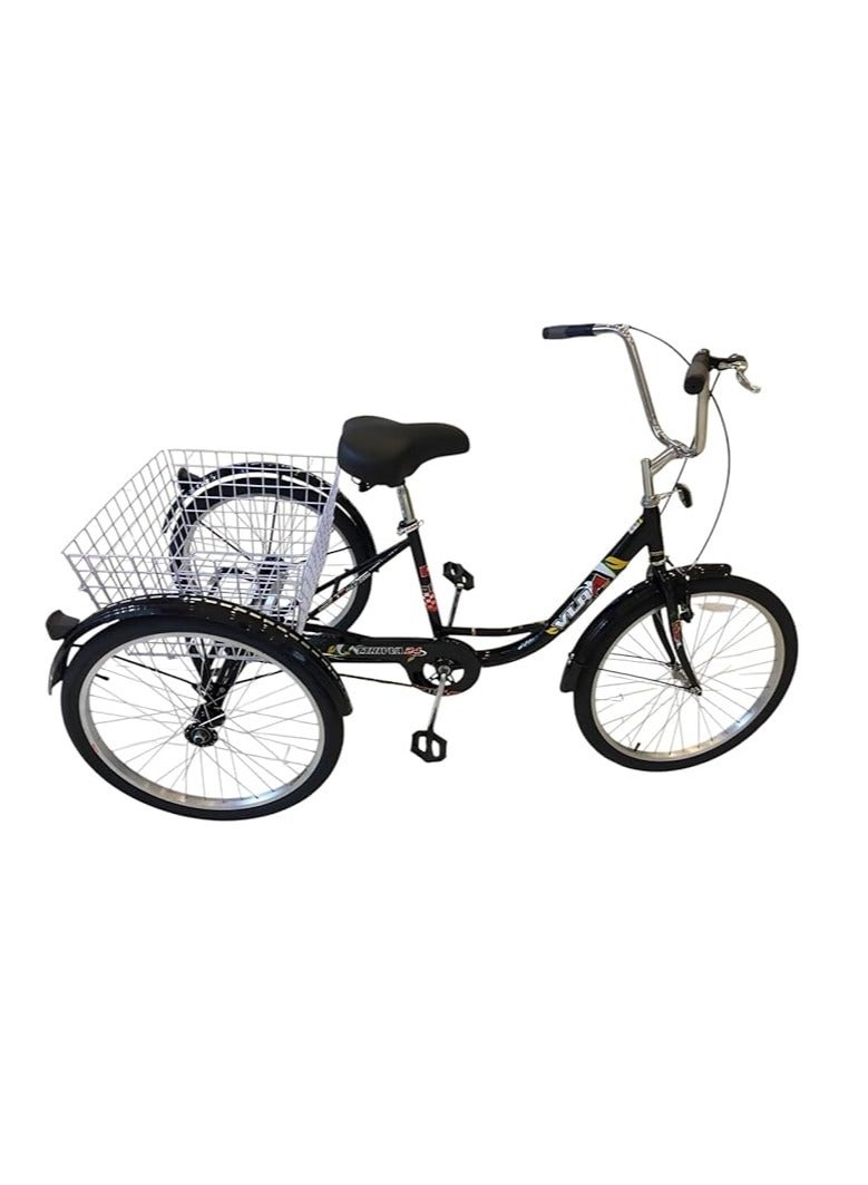 24 Inch City Tricycle Adult Three Wheel Bike with Rear Basket Single Speed Comfortable Seat Perfect for Urban Rides and Shopping Black - Image 3