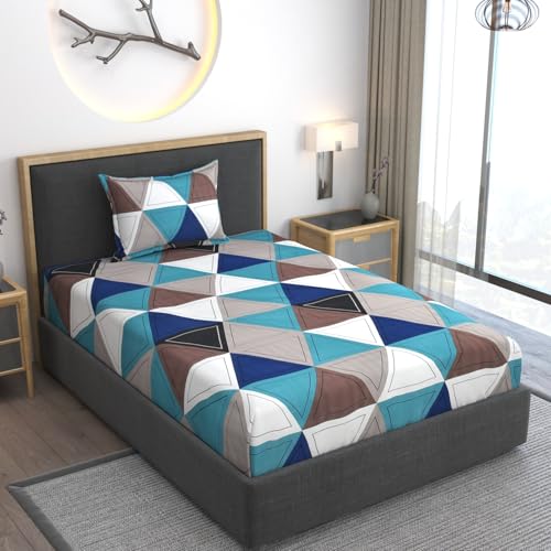 AMEYAA 350 TC Cotton Feel Glace Cotton All Around Elastic Fitted Bedsheets Single Size Premium Super Soft Fitted Bedsheet Single Size with 1 Pillow Cover Fits Up to 6 to 8 Inches, 78 x 48, Color Aqua - Image 1