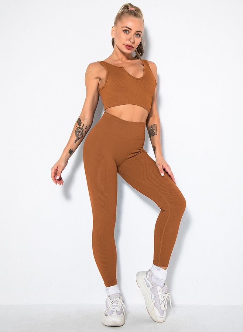 Loquat Solid V-neck Bra Tights Sports Set Brown - Image 1