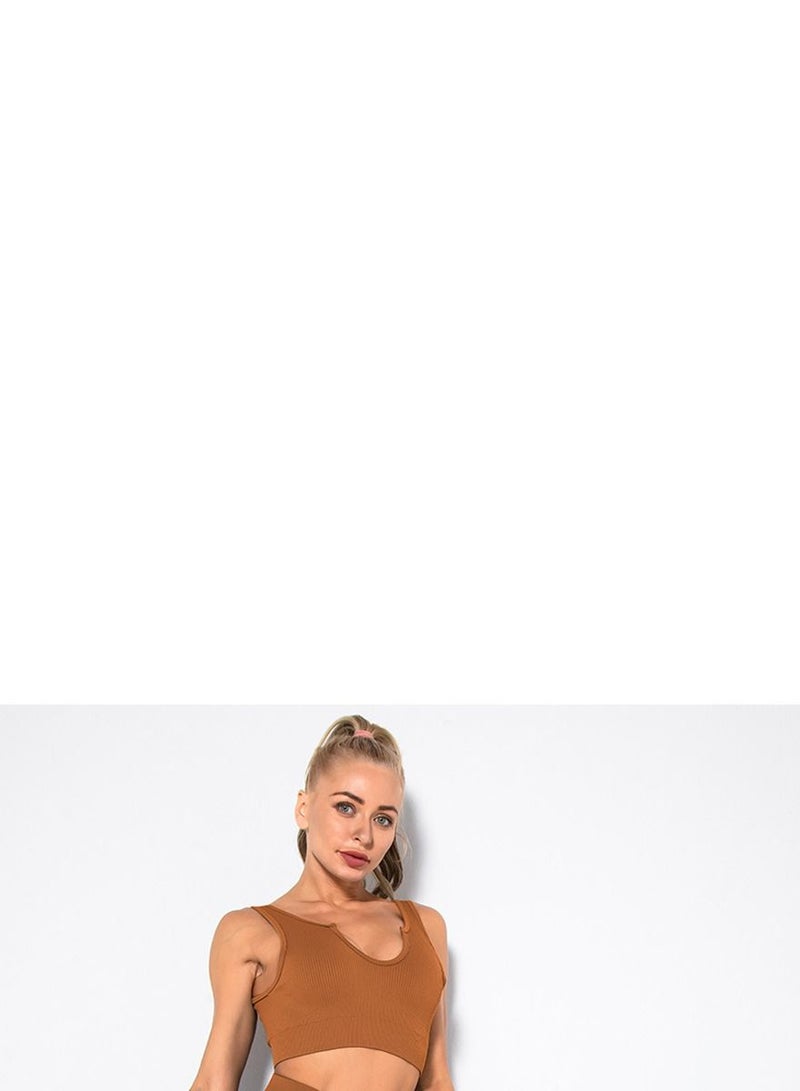 Loquat Solid V-neck Bra Tights Sports Set Brown - Image 2