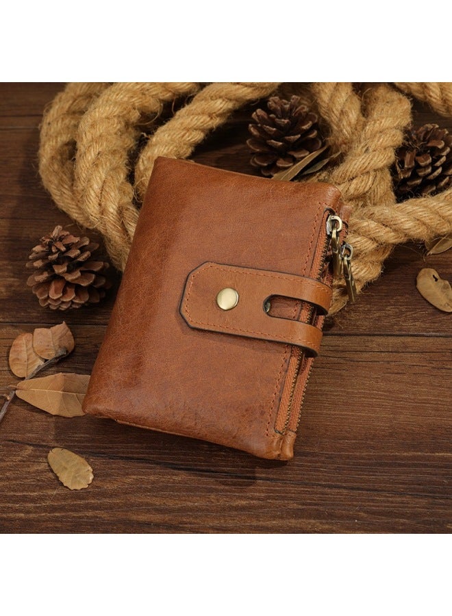Oil Wax Cowhide Men's Wallet Short Vintage Zipper Anti-theft Brush Credit Card Holder Rfid Genuine Leather Large Capacity Handbag