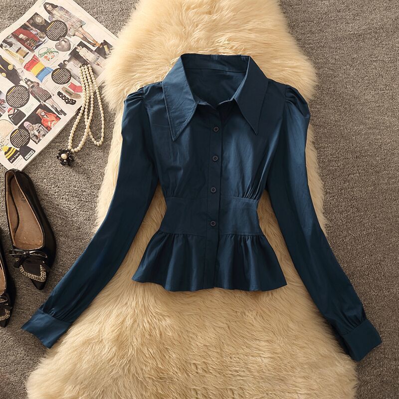2024 Autumn and Winter Gentle Style New Tops Two-Piece Set Korean Style Printed Suspenders Fashionable and Stylish Womens Shirts Navy blue shirt [single shirt]