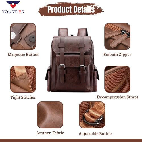 TOURTIER Men's PU Leather Large Capacity Casual Business Laptop Bag, Backpack for Travel, Sports, Business, College, School (MAROON) - Image 3