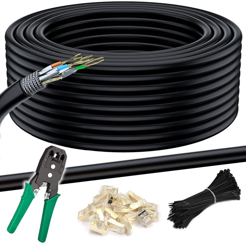 MutecPower كابل شبكة إيثرنت خارجي مضاد للماء من موتيك باور 100م CAT 7 - SFTP - 600 ميجاهرتز - أسود 100 متر مع أداة الضغط، موصلات RJ45 و روابط كابلات - Image 1
