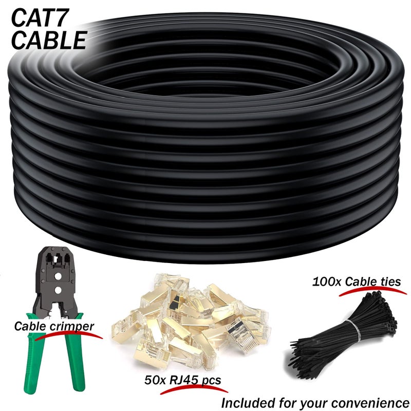 MutecPower كابل شبكة إيثرنت خارجي مضاد للماء من موتيك باور 100م CAT 7 - SFTP - 600 ميجاهرتز - أسود 100 متر مع أداة الضغط، موصلات RJ45 و روابط كابلات - Image 2