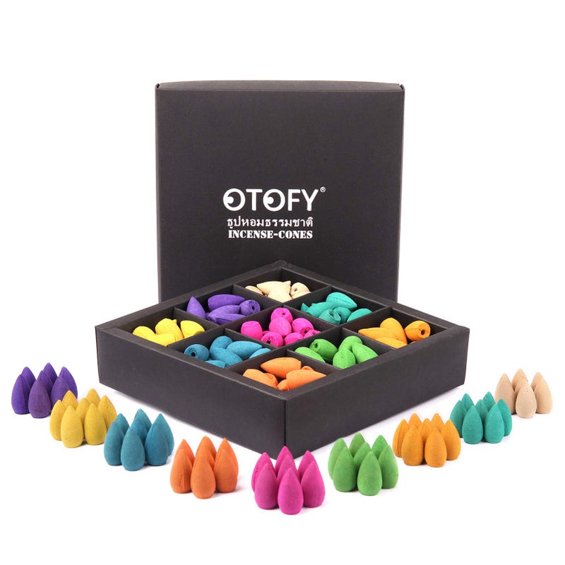 OTOFY Backflow Incense Cones 180 Pcs of 100 Natural Handwork Scents Waterfall Rose Tulip Jasmine Lavender for Backflow Incense Burner Holder Natural  Meditation  Yoga GiftPure Black