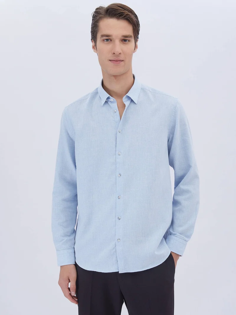 Kip Blue Plain Regular Fit Woven Casual Cotton Blend Shirt