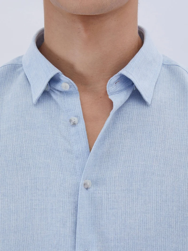 Kip Blue Plain Regular Fit Woven Casual Cotton Blend Shirt