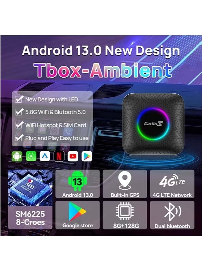 8G+128GB CarlinKit CarPlay Ai TV Box LED Plus Android13 QCM 6225 8-Core Wireless CarPlay Android Auto For Wired CarPlay 4 Network Support Android 13.0 System Netflix YouTube Google Play  Download Apps