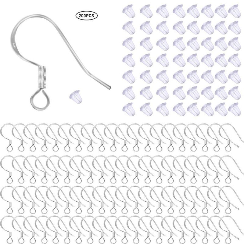 100 Pcs 50 Pairs 925 Sterling Silver Earring Hooks Hook Ear Wires with 100 Pcs Clear Rubber Silicone Earring Safety Backs Stoppers for DIY Jewelry Making