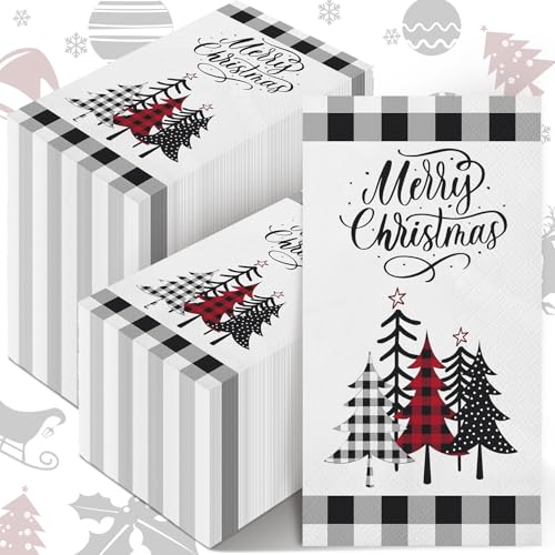 Sinmoe Guest Napkins Snowman Disposable Paper Hand Towels for Bathroom Winter 2 Ply Buffalo Plaid Guest Towels Xmas Decorative Dinner Napkins for HolidayTrees