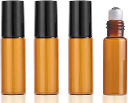DreamAug 4Pack 5ml Amber Glass Roller Bottles with Black Metal Roller Balls Empty Refillable Essential Oil Roll On Bottles for Aromatherapy Perfume DIY Blends Travel Use - Image 1