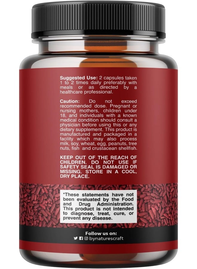 Natures Craft Red Yeast Rice with CoQ10 Supplement - Extra Strength Citrinin-Free Red Yeast Rice 1200 mg. Capsules with CoQ10 100mg - Heart Health and High Cholesterol Lowering Supplement - 120 Veggie Capsules - Image 2