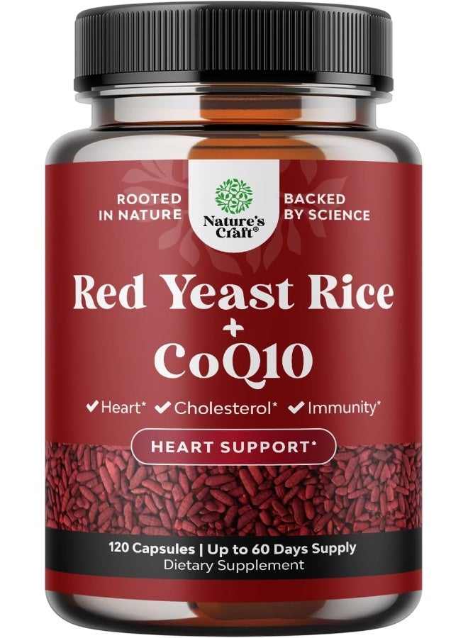 Natures Craft Red Yeast Rice with CoQ10 Supplement - Extra Strength Citrinin-Free Red Yeast Rice 1200 mg. Capsules with CoQ10 100mg - Heart Health and High Cholesterol Lowering Supplement - 120 Veggie Capsules - Image 1