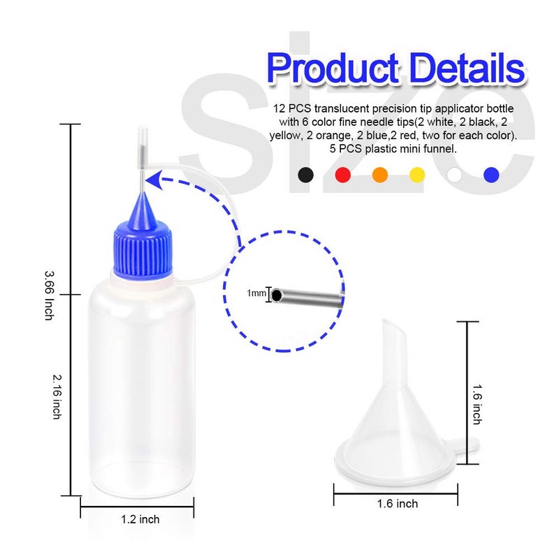 YGDZ 12pcs Precision Tip Applicator Bottles, 30ml Needle Tip Squeeze Glue Bottles for Paint Quilling Craft, 6 Colors Precision Bottles with 5 Mini Funnels - Image 2
