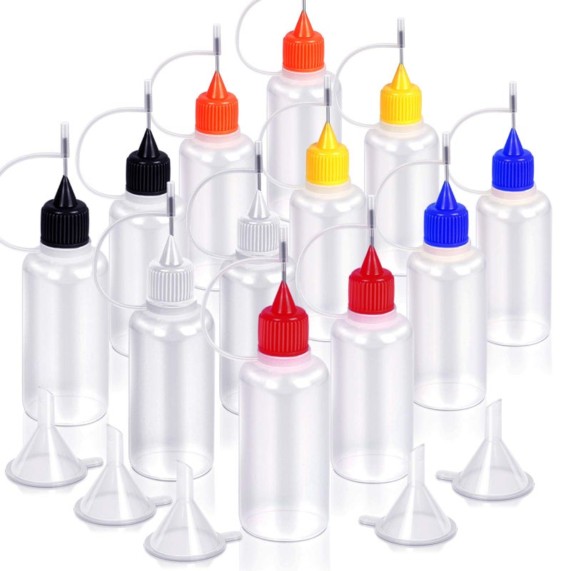 YGDZ 12pcs Precision Tip Applicator Bottles, 30ml Needle Tip Squeeze Glue Bottles for Paint Quilling Craft, 6 Colors Precision Bottles with 5 Mini Funnels - Image 1