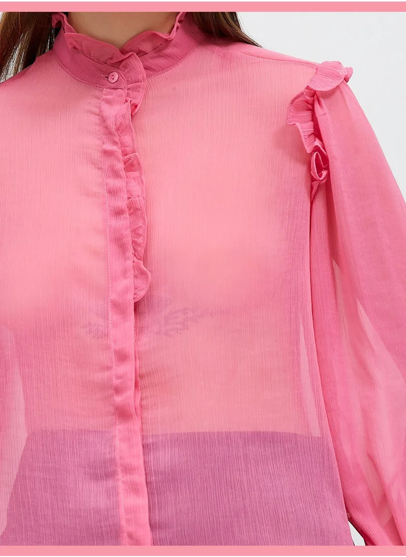 KOTON Mandarin Neck Frilled Chiffon Shirt