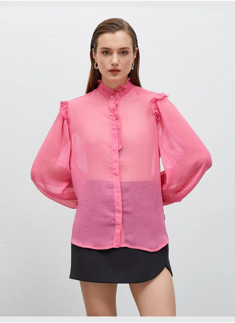 KOTON Mandarin Neck Frilled Chiffon Shirt
