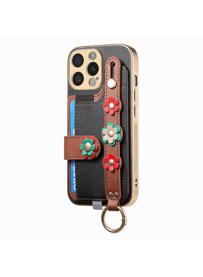 اس-توب جراب لهاتف iPhone 11 Pro مع سوار معصم وبطاقة وحقيبة هاتف بتصميم زهور مجسمة - Image 2