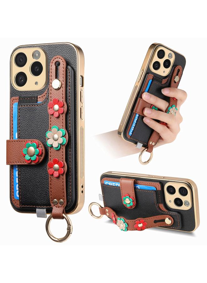 اس-توب جراب لهاتف iPhone 11 Pro مع سوار معصم وبطاقة وحقيبة هاتف بتصميم زهور مجسمة - Image 1