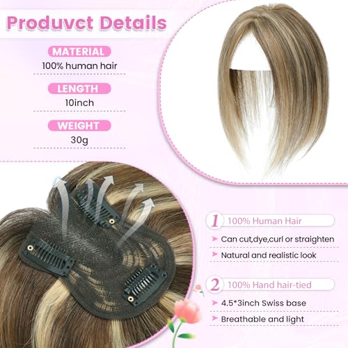 YAMI Hair Toppers for Women Fluffy Human Hair Topper 10inch Handmade Swiss Base Hairpieces 360 Cover Hairloss Medium Brown with Highlight - Image 3
