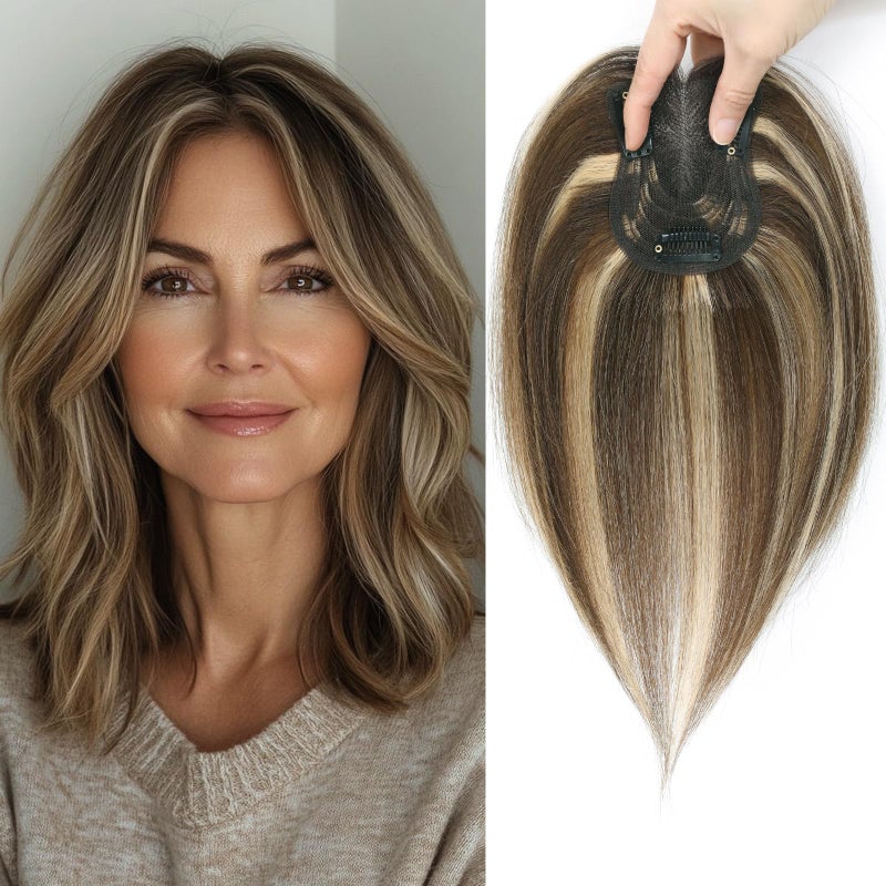 YAMI Hair Toppers for Women Fluffy Human Hair Topper 10inch Handmade Swiss Base Hairpieces 360 Cover Hairloss Medium Brown with Highlight - Image 2