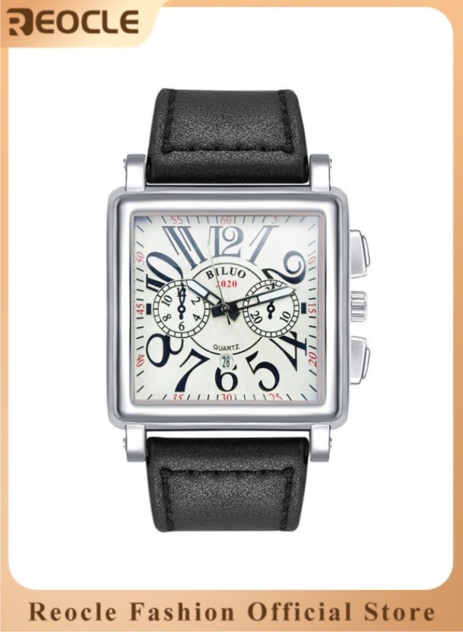 ريوكل ساعة يد مربعة للرجال بمينا مربعة وحزام جلدي ومقاومة للماء للاستخدام اليومي ووظيفة التقويم وساعة عمل عصرية - Image 1