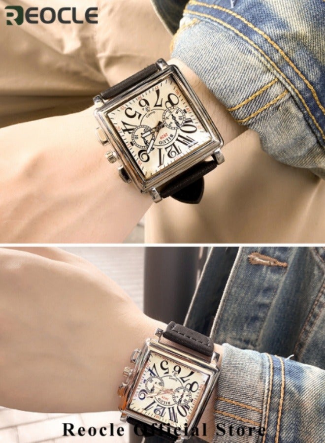 ريوكل ساعة يد مربعة للرجال بمينا مربعة وحزام جلدي ومقاومة للماء للاستخدام اليومي ووظيفة التقويم وساعة عمل عصرية - Image 3