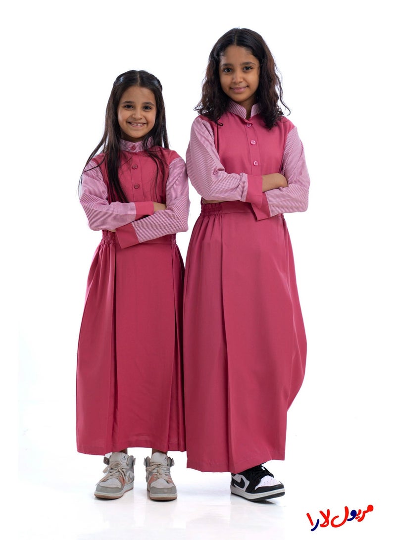 مريول لارا مريول كويتي مدرسي بناتي ابتدائي وردي سادة بأكمام كاروهات – زي مدرسي كويتي للبنات - Image 1