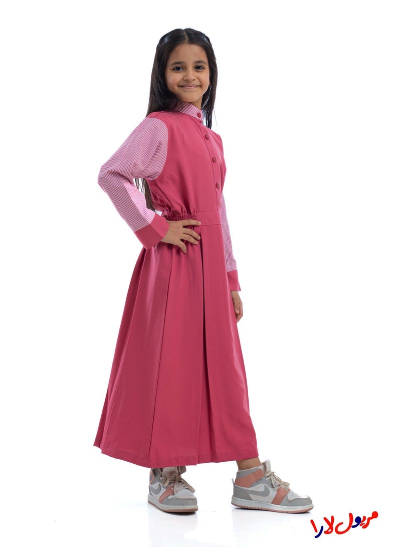 مريول لارا مريول كويتي مدرسي بناتي ابتدائي وردي سادة بأكمام كاروهات – زي مدرسي كويتي للبنات - Image 4