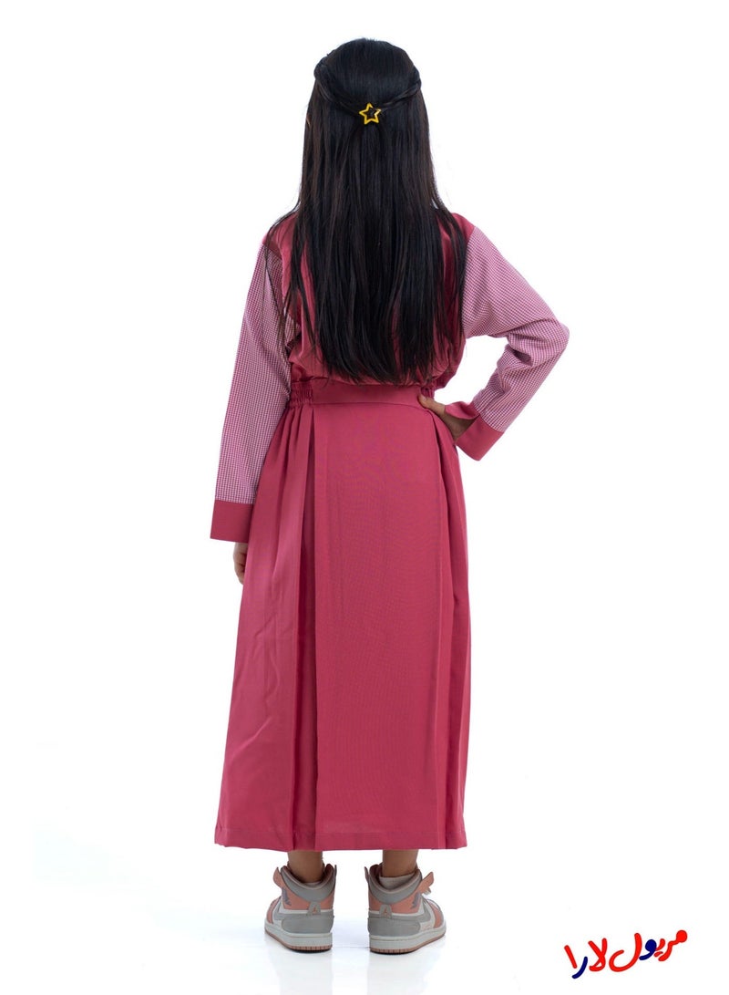 مريول لارا مريول كويتي مدرسي بناتي ابتدائي وردي سادة بأكمام كاروهات – زي مدرسي كويتي للبنات - Image 5