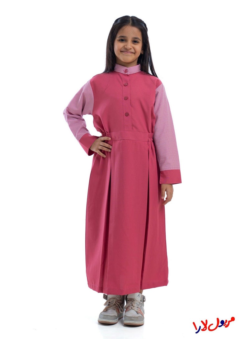 مريول لارا مريول كويتي مدرسي بناتي ابتدائي وردي سادة بأكمام كاروهات – زي مدرسي كويتي للبنات - Image 3