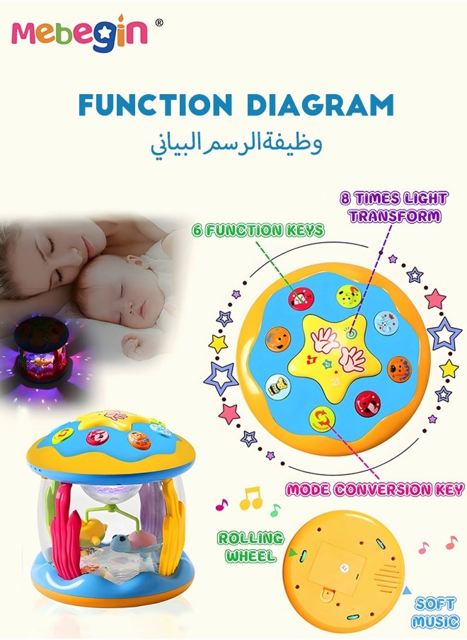 MEBEGIN - Ocean Rotating Projector Drum Early Education Toys,12M+ Various Pacify Music Light Early Educational Drum Toys,Light Up Infant Tummy Time Toys for Kids Toddler Early Devolopment - Image 1