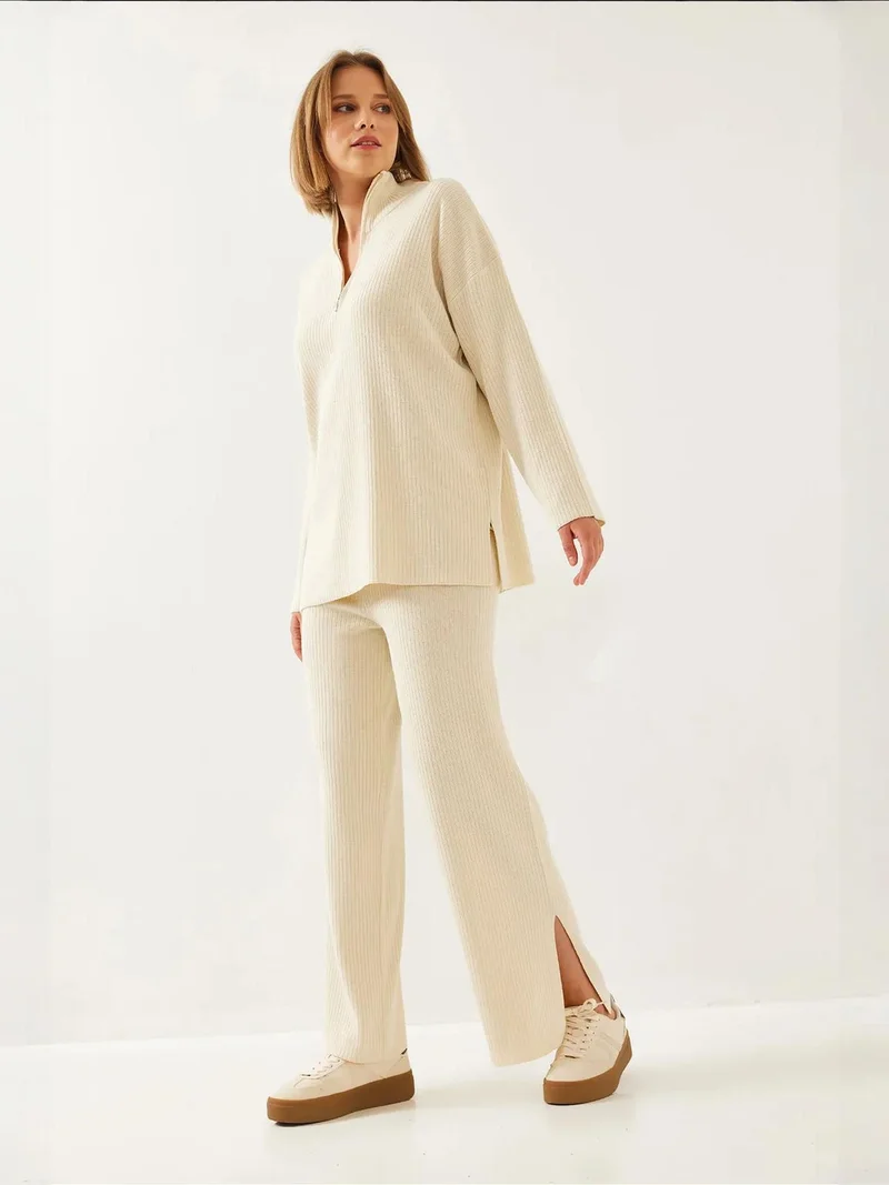 Bianco Lucci LUCCI Ribbed Zipper Collar Two-Piece Set with Slit