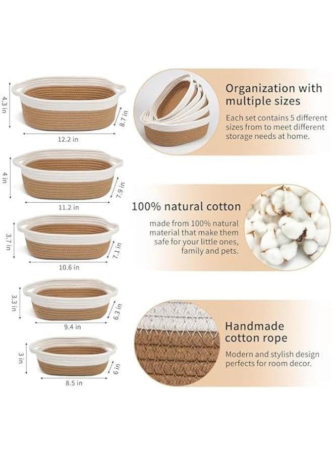 HOOKOR Set of 5 Rope Basket, Woven Rope Baskets for Storage, Baskets for Gifts Empty, Small Rope Basket for Organizing, Nursery Rope Basket, Small Basket, Woven Basket for Shelves (Off White & Jute)  - Image 2