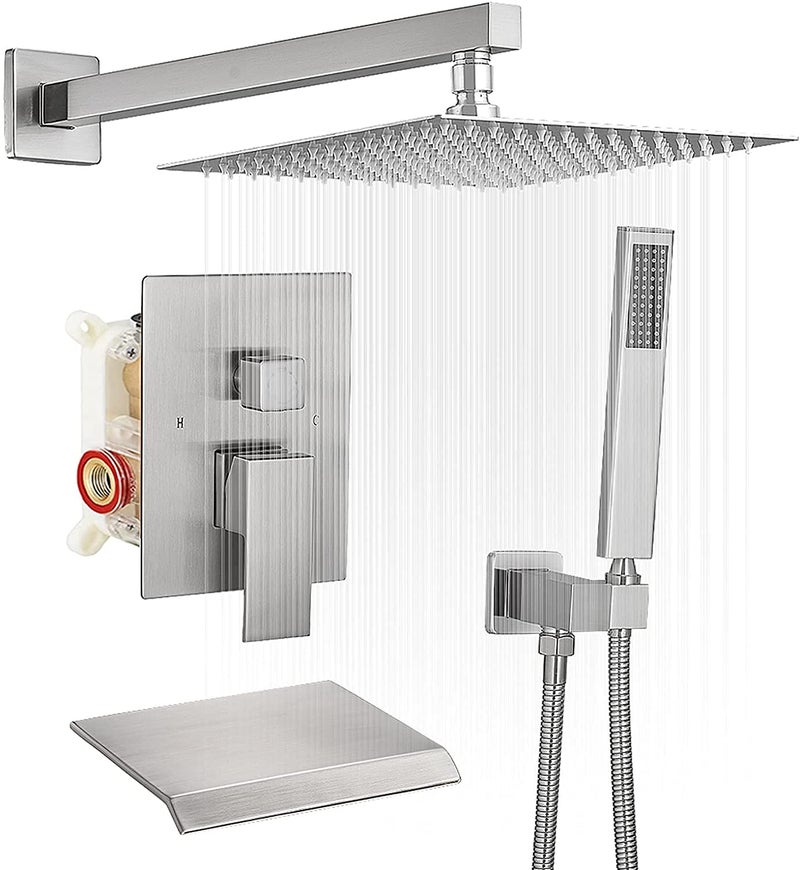 BWE 12 Inch Shower System Brushed Nickel with Waterfall Tub Spout Complete Set Square Luxury Rain Shower Faucet Set Pressure Balancing 3Function Wall Mount Roughin Valve Body and Trim Included