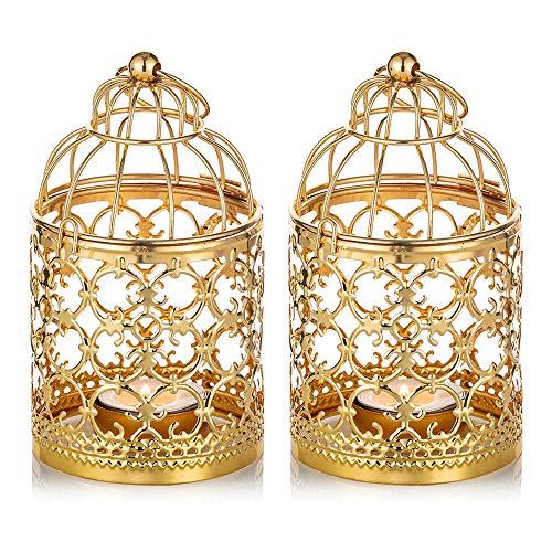 NUPTIO 2 Pcs Small Metal Tealight Hanging Birdcage Lantern Vintage Decorative Centerpieces of Wedding Party Gold - Image 1