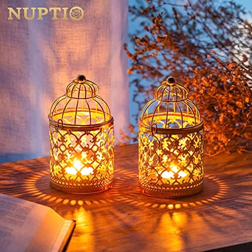 NUPTIO 2 Pcs Small Metal Tealight Hanging Birdcage Lantern Vintage Decorative Centerpieces of Wedding Party Gold - Image 3