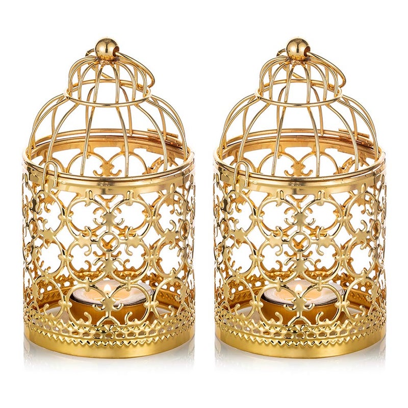 NUPTIO 2 Pcs Small Metal Tealight Hanging Birdcage Lantern Vintage Decorative Centerpieces of Wedding Party Gold - Image 2