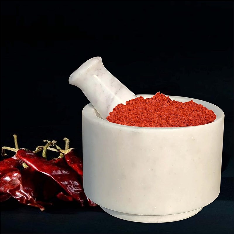 Pure Source India White Marble Stone Mortar and Pestle Set for Spices Okhli Masher Khalbatta stone Kharal Mixer Natural Traditional Grinder Musal Herbs Griender 4 Inch - Image 2
