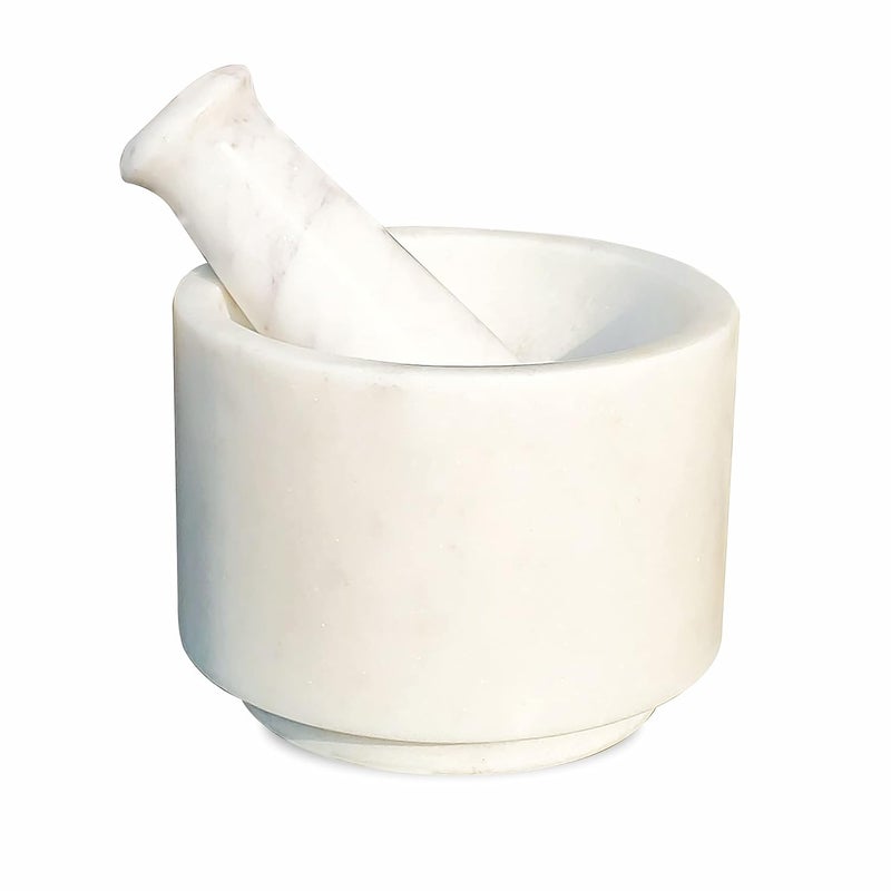Pure Source India White Marble Stone Mortar and Pestle Set for Spices Okhli Masher Khalbatta stone Kharal Mixer Natural Traditional Grinder Musal Herbs Griender 4 Inch - Image 1