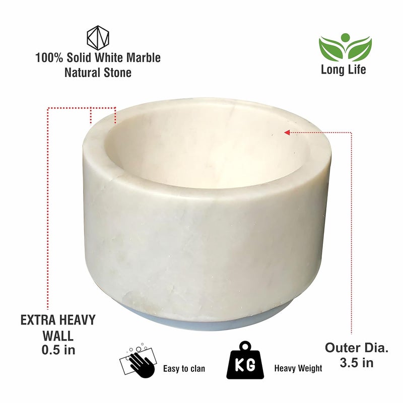 Pure Source India White Marble Stone Mortar and Pestle Set for Spices Okhli Masher Khalbatta stone Kharal Mixer Natural Traditional Grinder Musal Herbs Griender 4 Inch - Image 3