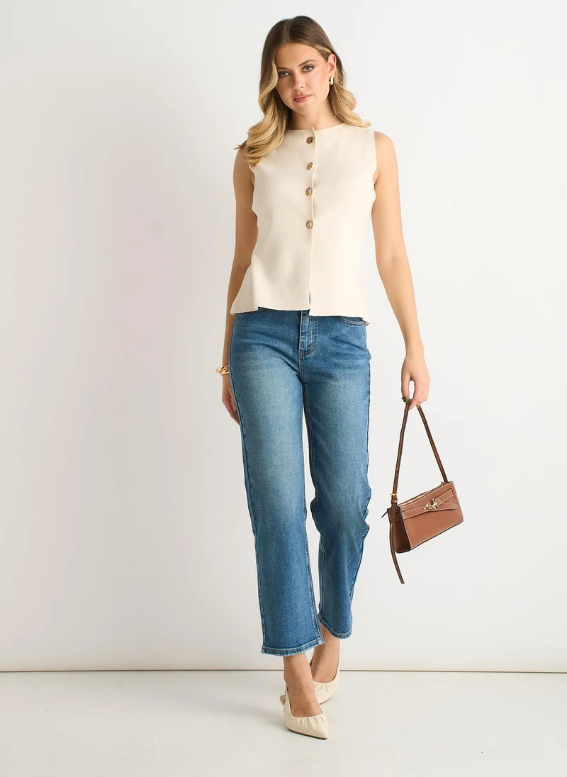 Gini London  Off White Button Front Compact Knit Waistcoat for Women | Best Price UAE