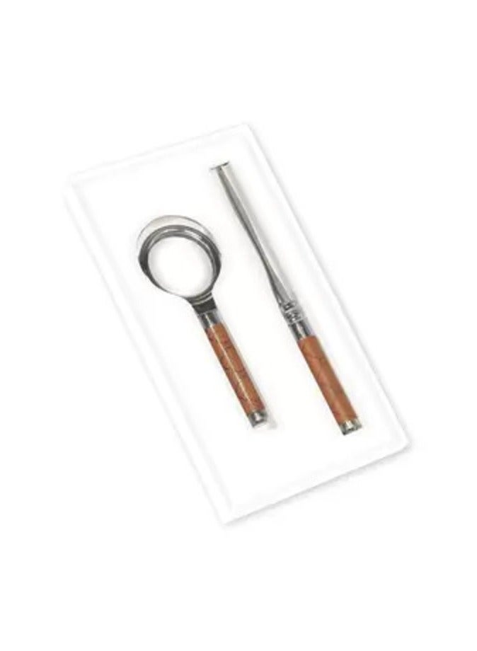 FIS Fis Set Of Magnifier And Letter Opener, Silver Body Metal & Brown Italian Pu Cover