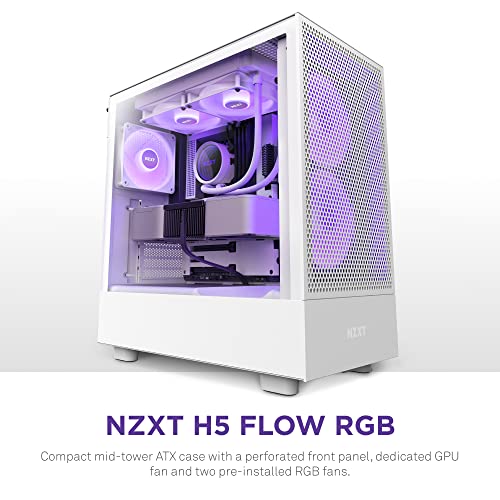 NZXT H5 Flow RGB Compact ATX MidTower PC Gaming Case High Airflow Perforated Front Panel Tempered Glass Side Panel Cable Management 2 x F140 RGB Core Fans 280mm Radiator Support White - Image 3