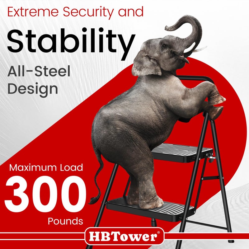 HBtower 2 Step Ladder, Step Stool with Wide Anti-Slip Pedal, Folding Step Stool with Convenient Handle for Home and Kitchen, Black - Image 3