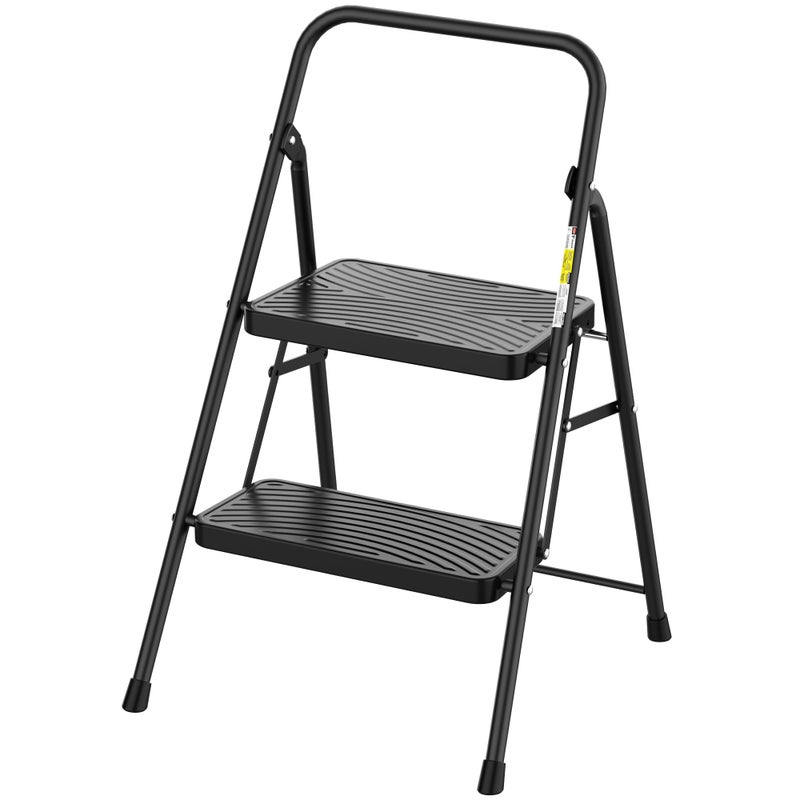 HBtower 2 Step Ladder, Step Stool with Wide Anti-Slip Pedal, Folding Step Stool with Convenient Handle for Home and Kitchen, Black - Image 1