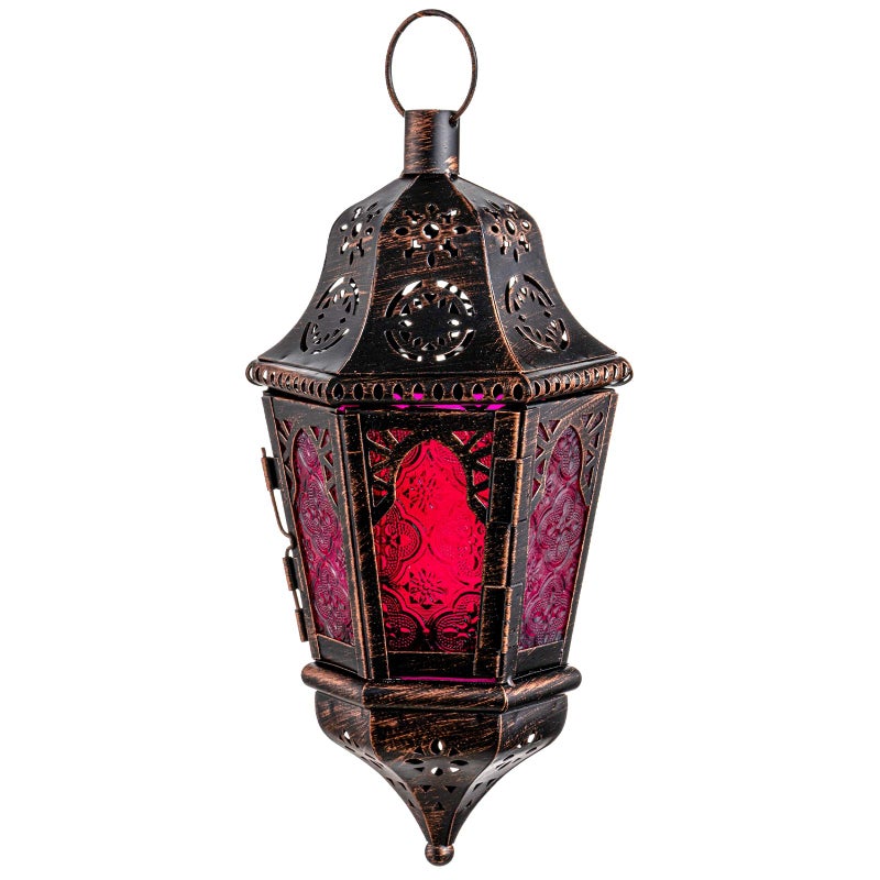 DECORKEY Moroccan Decorations, Lantern Decorative Indoor & Outdoor, 13.6â€™â€™ Vintage Decorative Hanging Lantern with Chian for Home Porch Patio Decor, Metal Ramadan Christmas Candle Holders(Plum Red) - Image 1