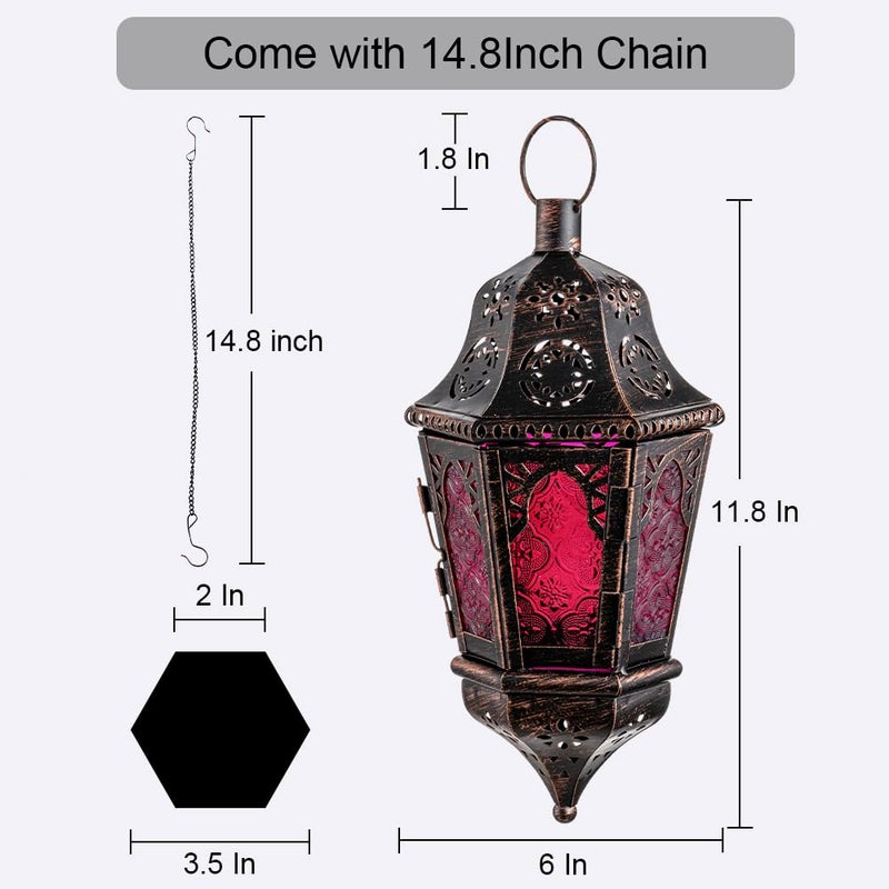 DECORKEY Moroccan Decorations, Lantern Decorative Indoor & Outdoor, 13.6â€™â€™ Vintage Decorative Hanging Lantern with Chian for Home Porch Patio Decor, Metal Ramadan Christmas Candle Holders(Plum Red) - Image 5